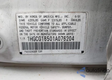 2001 Honda Accord 3.0 Ex z USA, uszkodzony, nr VIN 1HGCG16501A076204